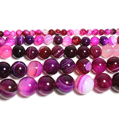 Cuentas redondas sueltas para la fabricación de joyas, abalorios de rayas de ágatas veteadas en color fucsia, piedra Natural, pulsera de costura, hilo artesanal de 4-12MM ► Foto 1/2