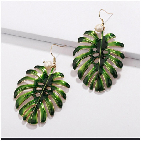 Pendientes colgantes de perlas de hoja de coco esmaltado verde Tropical bohemio para Mujer, joyería llamativa, aretes colgantes dorados, bisutería para Mujer ► Foto 1/6