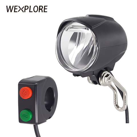 WEXPLORE-faro para bicicleta eléctrica, altavoz incorporado, entrada de 12V, 36V, 48V, 60V, luz led 50Lux, luz delantera para patinete eléctrico ► Foto 1/6