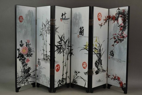 Pantalla de madera china, pintura de laca Flor de ciruela pintura de flores de Bambú ► Foto 1/3