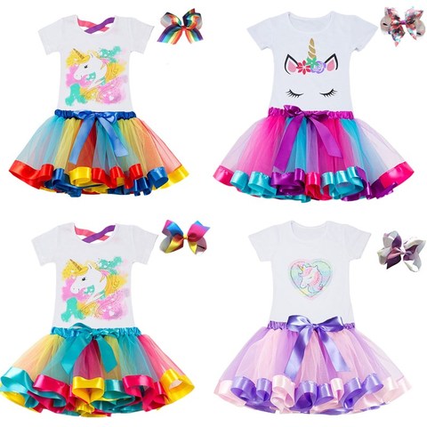 Ropa de verano para niñas, camiseta de unicornio con falda, conjuntos de ropa de cumpleaños para niñas de 3, 4, 5, 6, 7, 8 años ► Foto 1/6