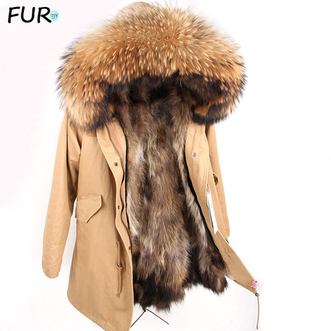 Chaqueta de piel de mapache para hombre, Parka de piel auténtica con forro de piel de mapache extraíble, abrigo largo y cálido para invierno ► Foto 1/6