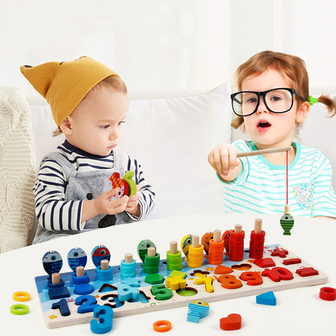 Montessori-Juguetes Educativos de madera para niños, tabla de matemáticas, números de pesca, forma de número a juego, juguete de educación temprana ► Foto 1/6