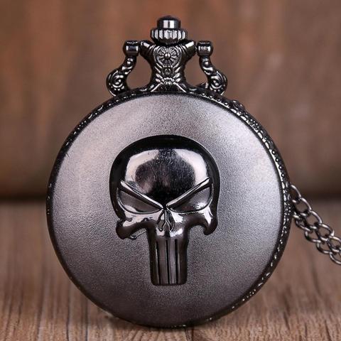 Reloj de bolsillo Retro de Anime, con calavera de Punisher, de cuarzo, para hombre y mujer, reloj de bolsillo negro antiguo con Collar, relojes de cadena, el mejor regalo ► Foto 1/4