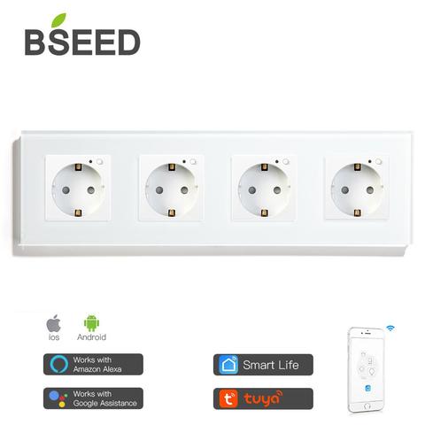 BSEED-enchufe de pared estándar de la UE Wifi de 4 entradas, 16A, 110V-250V, Panel de cristal blanco y negro dorado, compatible con App Smart Life ► Foto 1/4