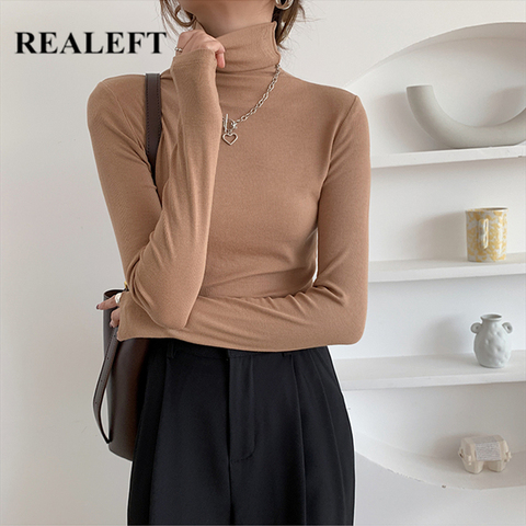 REALEFT 2022 nuevo Otoño Invierno de punto suéter ajustado de cuello alto sólido largo manga minimalista mujeres Jersey Jumper ► Foto 1/6