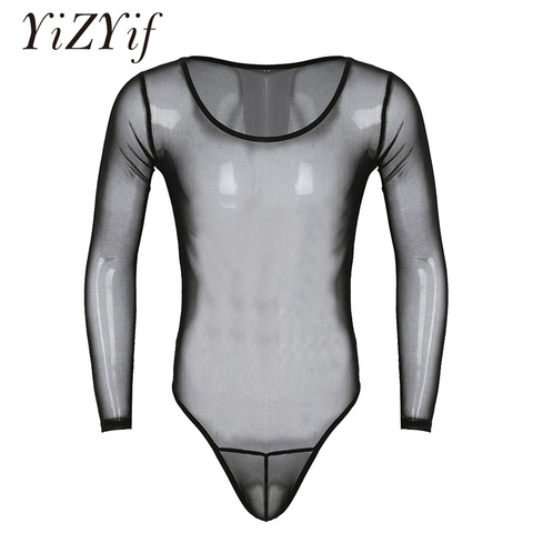 Ropa interior transparente para hombre, mono de Tanga transparente de malla de manga larga con cuello redondo, traje de corte alto, lencería para dormir ► Foto 1/6