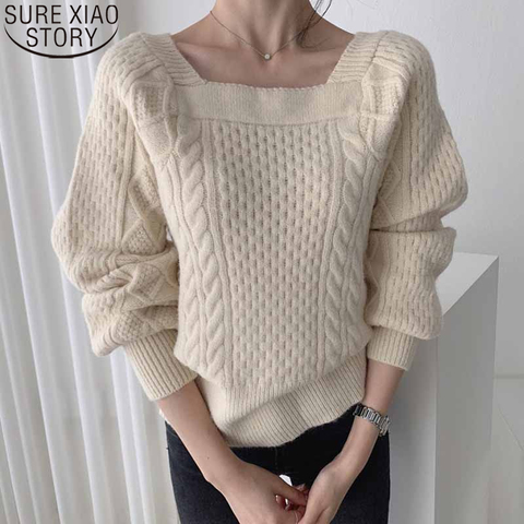 De moda Twist suéter Jersey dulce Collar cuadrado suéteres de las mujeres 2022 ropa de invierno elegante sólido suelto Tops 11121 ► Foto 1/6