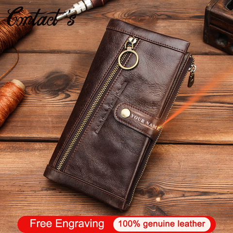 Cartera de hombre de contacto con monedero de cuero genuino bolso largo con broche bolso de mano carteras masculinas Zip Portfel tarjetero Carteira ► Foto 1/6