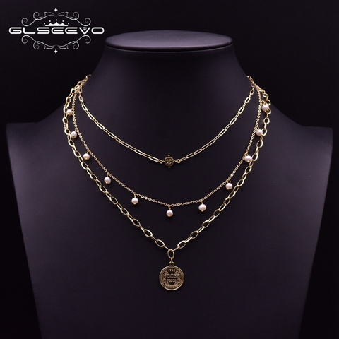 GLSEEVO-cadena multicapa hecha a mano para mujer, collar bohemio con etiqueta de Metal de compromiso, joyería con perlas de agua dulce GN0217 ► Foto 1/4