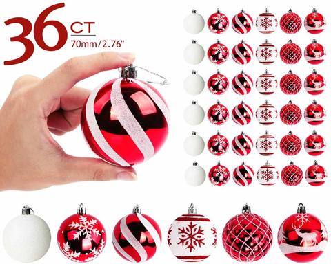 OurWarm-Bola de Navidad de 70mm, adornos para árbol, decoraciones rojas y blancas, 6 estilos, decoración de fiesta en casa para vacaciones, 36 Uds. ► Foto 1/6