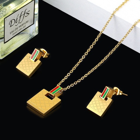 Conjunto de joyas para mujer, conjunto de joyas para mujer, Cuadrado dorado colgante con abalorio verde y rojo, aretes de barra, regalo de joyería ► Foto 1/6