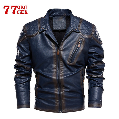 Chaqueta de cuero Vintage para hombre, abrigo Punk de Pu, chaqueta de motocicleta con cuello levantado, forro polar grueso, informal, cálido para invierno ► Foto 1/6