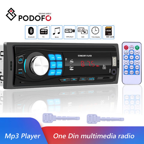 Podofo-autorradio con reproductor Multimedia MP3 para coche, 12V, Bluetooth, estéreo, 12 Pines, receptor de entrada FM, SD, USB, AUX-IN, tablero, 1 din ► Foto 1/6