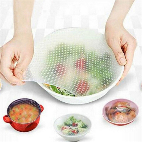 4 unids/set reutilizable de Saran Wrap alimentos envuelve elástico de sello de vacío cubierta de cocina de alimentos organización de mantenimiento fresco sellado de tapas ► Foto 1/6