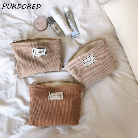 PURDORED-Bolsa de maquillaje pana suave para mujer, neceser grande de Color sólido, organizador de almacenamiento de maquillaje de viaje, funda de belleza para chica, 1 ud. ► Foto 1/6