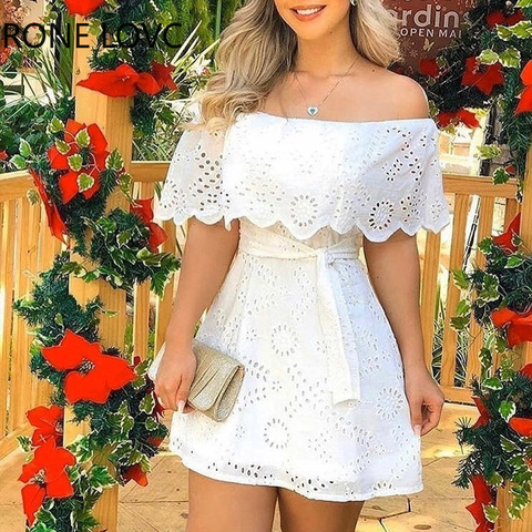 Vestido corto informal liso con hombros descubiertos para mujer, minivestido elegante ► Foto 1/3