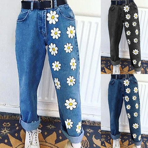 Pantalones vaqueros largos de cintura alta para mujer, vaqueros con estampado Vintage de margaritas, ropa de calle, moda 2022 ► Foto 1/5