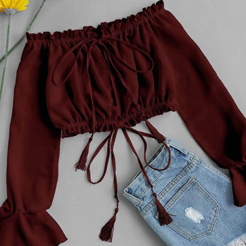 Tops cortos con hombros descubiertos para mujer, camisas con mangas acampanadas con estampado Floral de verano, blusa Bohemia con flecos con lazo y cuello de barco para playa # YJ ► Foto 1/6