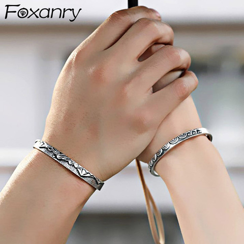 Foxanry-Pulseras Vintage de Plata de Ley 925 hechas a mano para parejas, joyería de cumpleaños sencilla de plata tailandesa, regalos para mujeres ► Foto 1/6