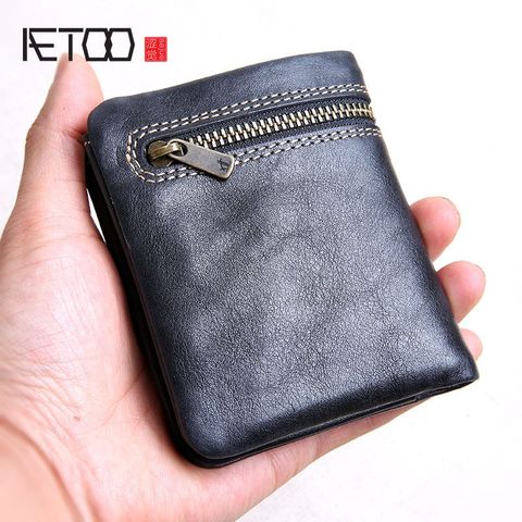 AETOO-Mini monedero de cuero ultrafino para hombre y mujer, billetera de cuero suave hecha a mano, con hebilla de cremallera corta ► Foto 1/6