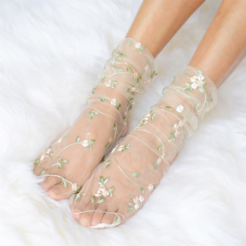 Calcetines con bordado de flores para Mujer, medias largas transparentes de tul, finas de malla, ropa de calle, Verano ► Foto 1/6