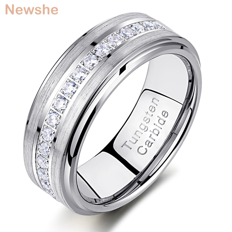 Newshe hombre promesa boda banda Anillos de Carburo de Tungsteno para hombres anillo 8mm de tamaño 9-13 AAA zirconio blanco redondo joyería de TRX058 ► Foto 1/6