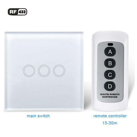 Interruptor táctil para luz de pared RF 433 433Mhz, 1/2/3 entradas, panel de vidrio templado, RF433, mando a distancia inalámbrico, sin línea neutra ► Foto 1/6