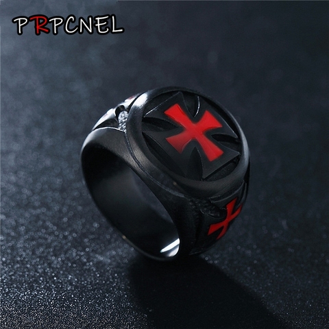 Anillos para hombre color negro Acero inoxidable Escudo de armadura rojo Caballero templario cruzado Cruz joyería de anillos punk Envío Directo ► Foto 1/5