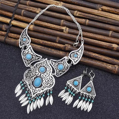 Collar de cadena de serpiente con cuentas de piedra negra y azul para mujer, aretes, estilo bohemio Vintage, mariposa gitana, conjunto de joyería con borlas largas ► Foto 1/6