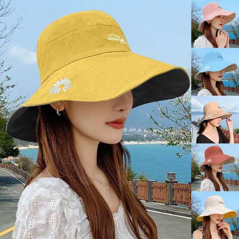 Gorra con protección solar para mujer, gorro de pescador Reversible, bordado de Marguerite, color negro, amarillo, rosa, azul, para viaje y playa, Verano ► Foto 1/6