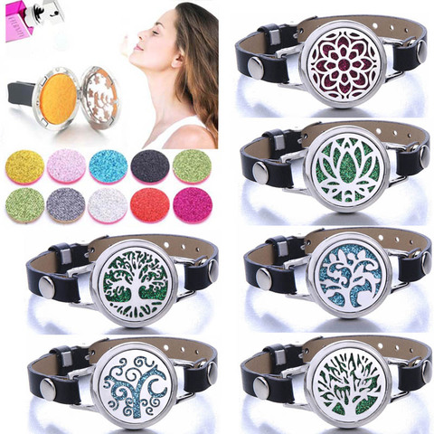 Pulsera difusora de Aroma de acero inoxidable para mujer, medallones de aromaterapia, brazalete difusor de aceite esencial, pulsera de cuero genuino ► Foto 1/6