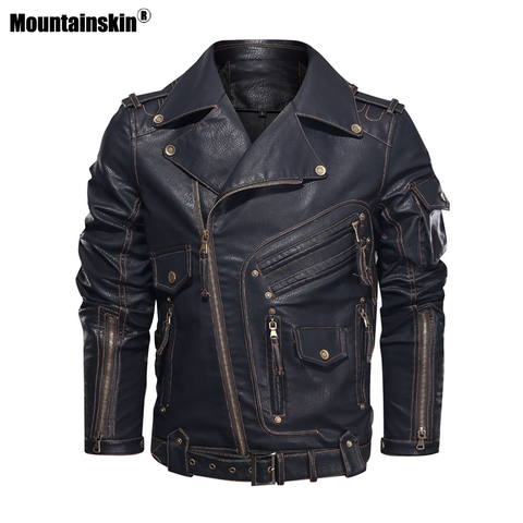 Mountainskin-Chaqueta de cuero sintético para hombre, cazadora de cuero sintético para motocicleta a la moda, abrigos de cuero con bolsillos y cremallera, talla Europea SA968, Invierno ► Foto 1/6