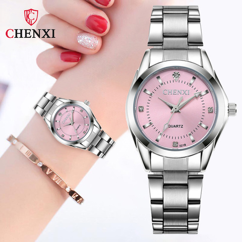 Fasinon-relojes elegantes e informales para mujer, pulsera de cuarzo rosa con diamantes de imitación, sencillo y minimalista, resistente al agua hasta 3ATM, marca CHENXI ► Foto 1/6