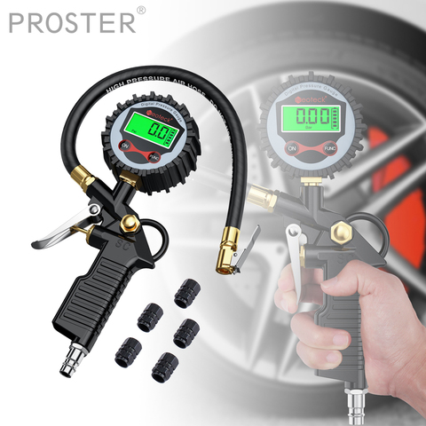 Proster-Manómetro de presión Digital para neumáticos, manómetro de inflado de neumáticos LCD con tapa de válvula de manguera de goma, estilo pistola, 200 PSI ► Foto 1/6