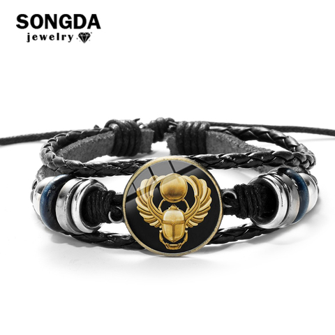 SONGDA-pulsera de cuero negro con Cruz de escarabajo egipcia dorada para mujer, trenzado multicapas hecho a mano, venta al por mayor ► Foto 1/6