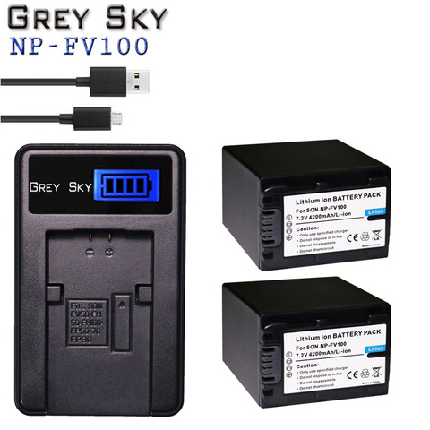 2 uds. De baterías NP FV100 NP-FV100 FV100 de 4200mAh y cargador USB con pantalla LCD para Sony NP-FV30, NP-FV50, SX83E, SX63E, NP-FV70, AX100E ► Foto 1/6