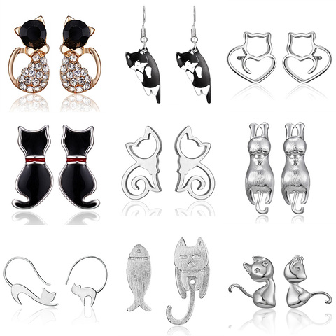 Cristal brillante a la moda pendientes de gatito gran oferta pendientes de gato de acero inoxidable de plata para mujer niñas accesorios de joyería regalo ► Foto 1/6