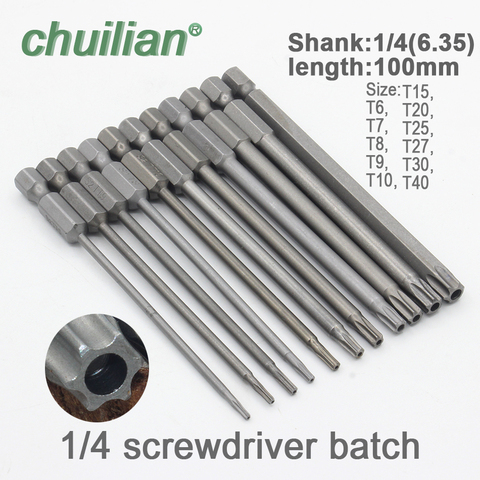 1 pieza de 100mm de largo T6-T40 brocas de destornillador magnético Torx Set cabeza de destornillador eléctrico T6, T7, T8, t9... T10... T15... T20... T25... T27... T30... T40 ► Foto 1/1