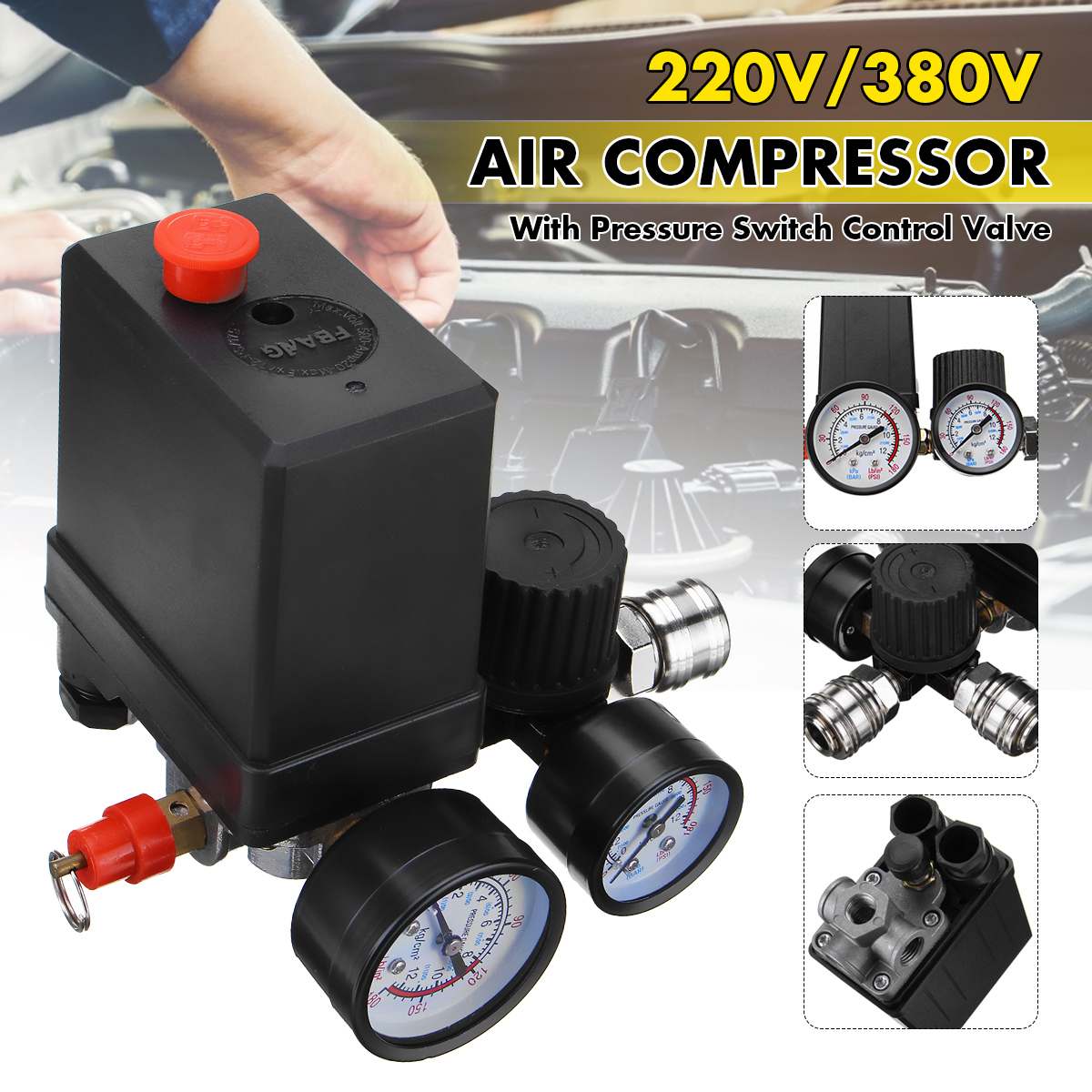 RU en Stock 240V/380V regulador de servicio compresor de aire bomba de Control de presión interruptor de la bomba de aire Válvula de Control 0-180 PSI con manómetro ► Foto 1/6