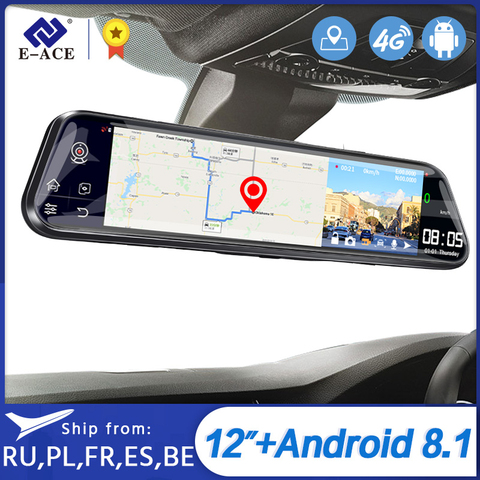 E-ACE D14-Cámara de salpicadero vídeo para automóvil, Dvr, espejo, 12 pulgadas, 4G, Android 8,1, lente Dual, compatible con cámara trasera 1080P ► Foto 1/6