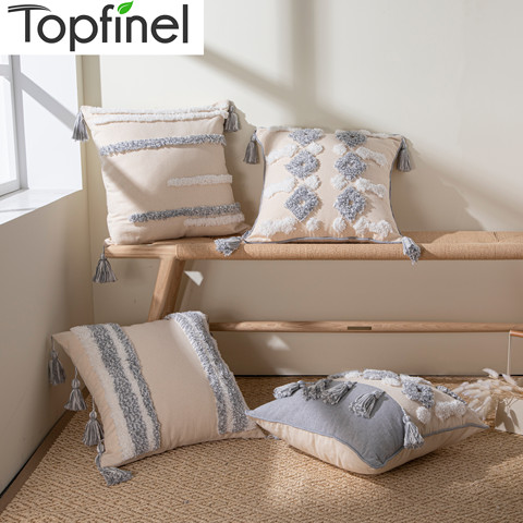 Topfinel borla de algodón de lino funda de cojín Beige decorativo textura funda de almohada para sala de estar dormitorio fundas de almohada 45x45cm ► Foto 1/6