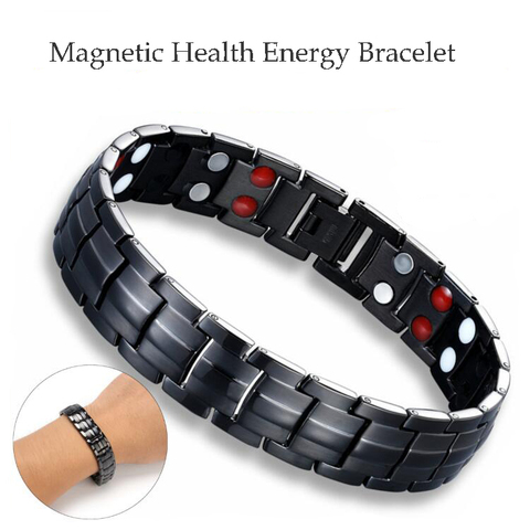 Pulsera magnética de energía para la salud para hombres, brazalete negro para terapia con bioimanes y artritis, brazalete de acero inoxidable, joyería para hombres ► Foto 1/6