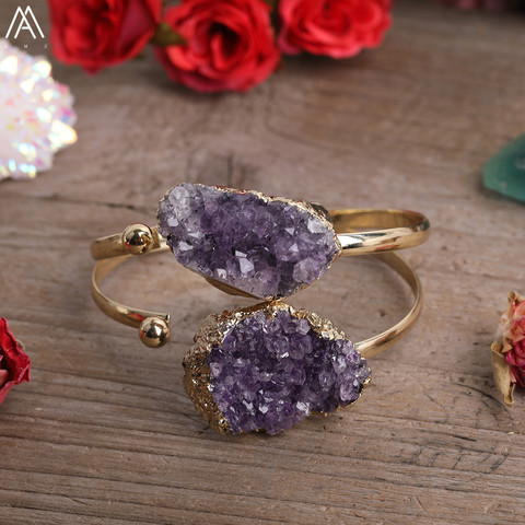 Pulsera de cuarzo con ametistas naturales para mujer, brazalete abierto con abalorios de forma libre, de cobre dorado, cristal de cuarzo ► Foto 1/5