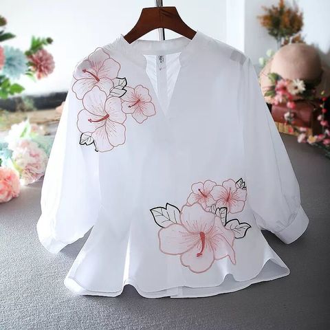 Túnica blanca con bordado de flores para mujer, Blusa con cuello en V, Tops informales para oficina, manga abombada de alta calidad para verano ► Foto 1/6