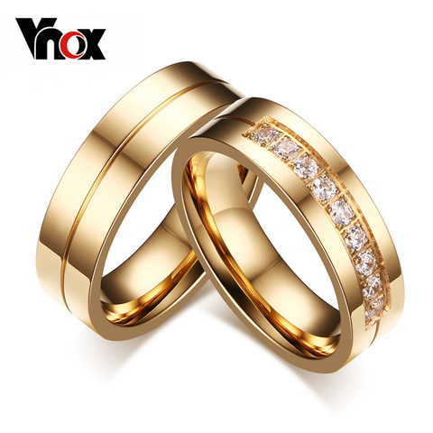 Vnox-Anillos de boda a la moda para mujeres/hombres, joyería CZ de acero inoxidable, regalo de amor, color dorado, compromiso, pareja ► Foto 1/6