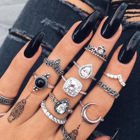 Conjunto de Anillos de nudillo de cristal Vintage para mujer, con encanto de luna de loto, anillo bohemio, regalo de joyería ► Foto 1/6