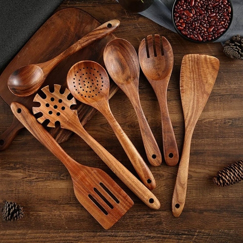 Utensilios de cocina de Cocina de madera, cucharas de madera antiadherentes, utensilios de cocina de teca orgánica, alta calidad ► Foto 1/6