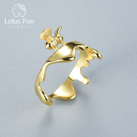 Lotus Fun-Anillo de plata de ley 925 con diseño de abeja y miel, joyería fina hecha a mano con diseño de goteo de miel y abeja ► Foto 1/6