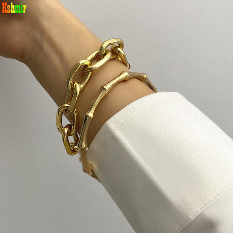 Kshmir pulsera de Metal enlace creativo de bambú Retro nuevo Punk de moda fiesta 2/CONJUNTO DE ORO geométrica de las mujeres Ajuste de bisel de aleación de Zinc ► Foto 1/5